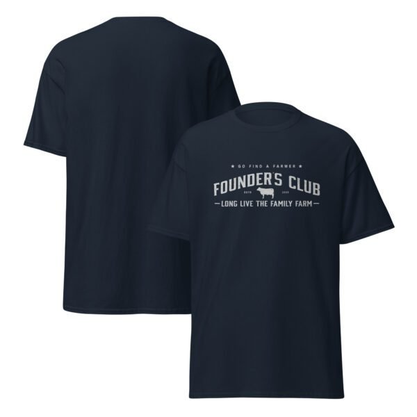 Images of Front and back of unisex Founder's Club T-shirt in navy blue