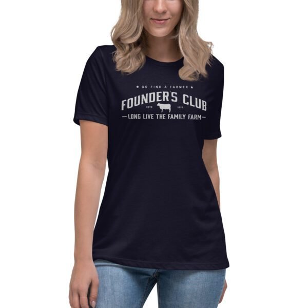 Women's navy blue Founder's Club T-shirt with text: "Go Find a Farmer - Founder's Club established 2025 - Long live the family farm" and a small cow silhouette